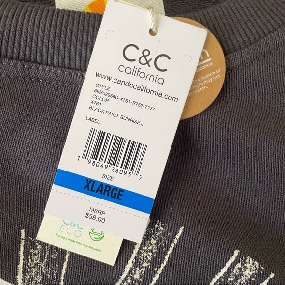 C&C CALIFORNIA Sweatshirt Sunrise Black Sand Gray Cotton Crew, Women’s XL - Picture 11 of 16